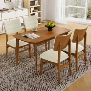 English Elm Farmhouse Five Piece Dinette Set with Rubberwood Legs and Upholstered Ergonomic Chairs Brown+Beige N752S011016A