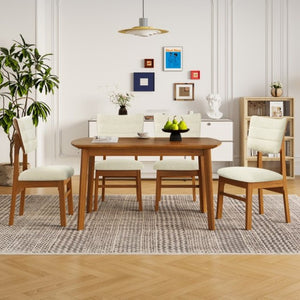 English Elm Farmhouse Five Piece Dinette Set with Rubberwood Legs and Upholstered Ergonomic Chairs Brown+Beige N752S011016A