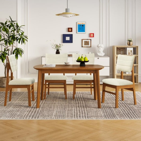 English Elm Farmhouse Five Piece Dinette Set with Rubberwood Legs and Upholstered Ergonomic Chairs Brown+Beige N752S011016A