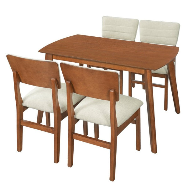 English Elm Farmhouse Five Piece Dinette Set with Rubberwood Legs and Upholstered Ergonomic Chairs Brown+Beige N752S011016A