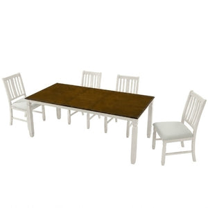 English Elm 5-Piece Farmhouse Extendable Dining Set with Oak Veneer Table and Linen Upholstered Chairs Beige+Brown N752S400058D
