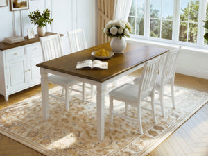 English Elm 5-Piece Farmhouse Extendable Dining Set with Oak Veneer Table and Linen Upholstered Chairs Beige+Brown N752S400058D