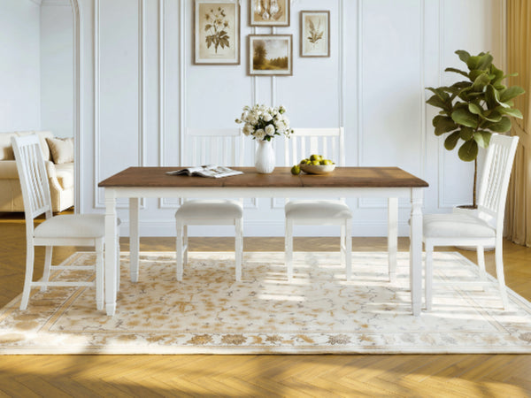 English Elm 5-Piece Farmhouse Extendable Dining Set with Oak Veneer Table and Linen Upholstered Chairs Beige+Brown N752S400058D