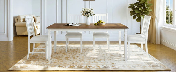 English Elm 5-Piece Farmhouse Extendable Dining Set with Oak Veneer Table and Linen Upholstered Chairs Beige+Brown N752S400058D