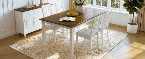 English Elm 5-Piece Farmhouse Extendable Dining Set with Oak Veneer Table and Linen Upholstered Chairs Beige+Brown N752S400058D