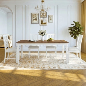 English Elm 5-Piece Farmhouse Extendable Dining Set with Oak Veneer Table and Linen Upholstered Chairs Beige+Brown N752S400058D