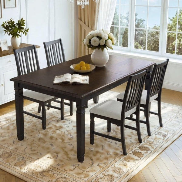 English Elm 5-Piece Farmhouse Extendable Dining Set with Oak Veneer Table and Linen Upholstered Chairs Espresso+Black N752S400058P