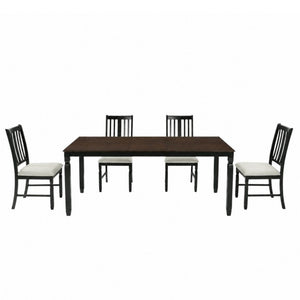 English Elm 5-Piece Farmhouse Extendable Dining Set with Oak Veneer Table and Linen Upholstered Chairs Espresso+Black N752S400058P