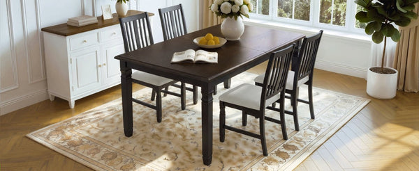 English Elm 5-Piece Farmhouse Extendable Dining Set with Oak Veneer Table and Linen Upholstered Chairs Espresso+Black N752S400058P