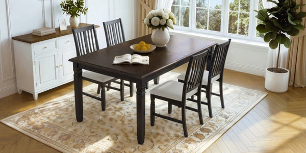 English Elm 5-Piece Farmhouse Extendable Dining Set with Oak Veneer Table and Linen Upholstered Chairs Espresso+Black N752S400058P