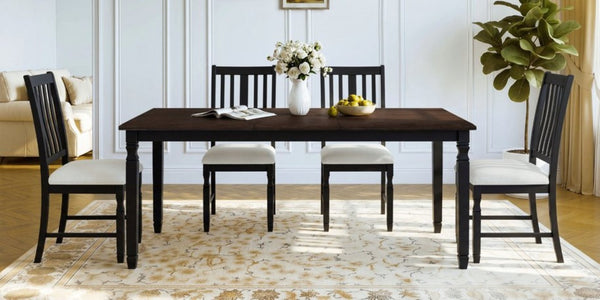 English Elm 5-Piece Farmhouse Extendable Dining Set with Oak Veneer Table and Linen Upholstered Chairs Espresso+Black N752S400058P