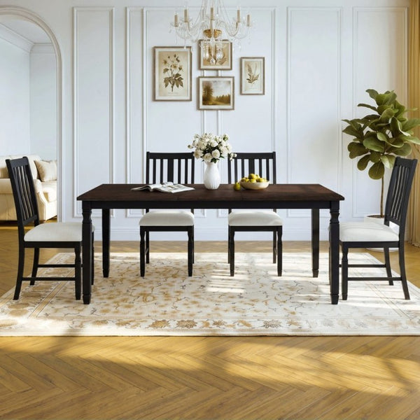 English Elm 5-Piece Farmhouse Extendable Dining Set with Oak Veneer Table and Linen Upholstered Chairs Espresso+Black N752S400058P