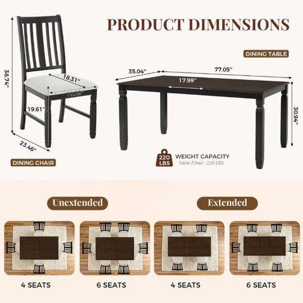 English Elm 5-Piece Farmhouse Extendable Dining Set with Oak Veneer Table and Linen Upholstered Chairs Espresso+Black N752S400058P