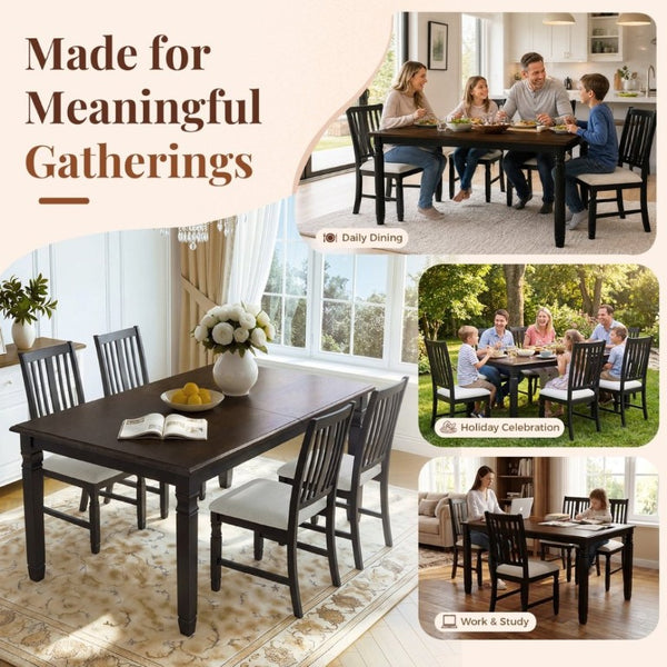 English Elm 5-Piece Farmhouse Extendable Dining Set with Oak Veneer Table and Linen Upholstered Chairs Espresso+Black N752S400058P