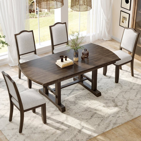 English Elm 5-Piece Extendable Dining Set with Acacia Pedestal Table and Linen Upholstered Chairs N752S400097D