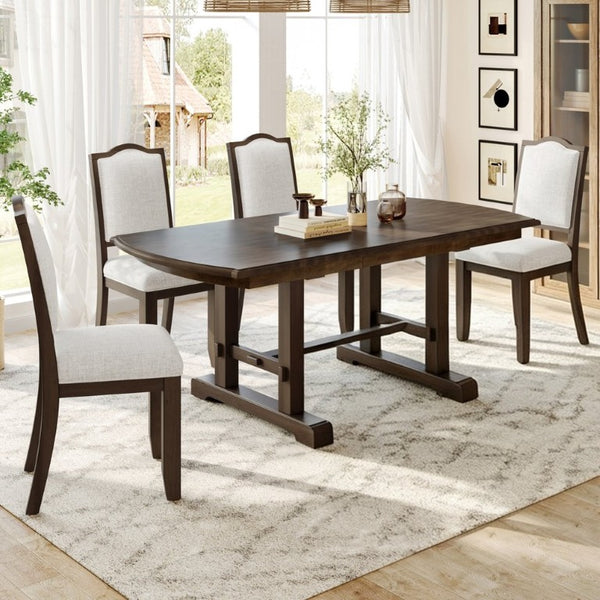 English Elm 5-Piece Extendable Dining Set with Acacia Pedestal Table and Linen Upholstered Chairs N752S400097D