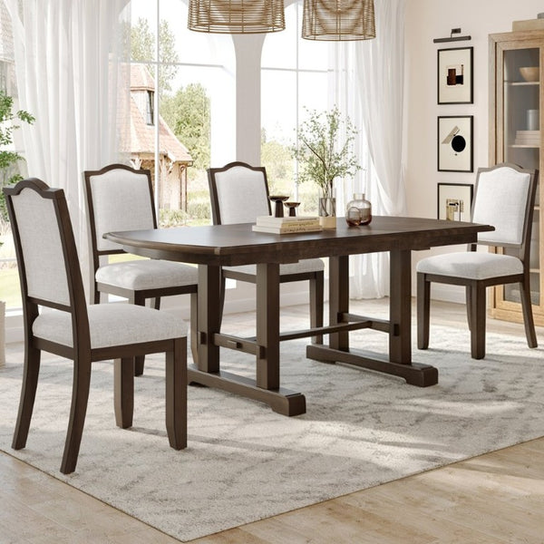 English Elm 5-Piece Extendable Dining Set with Acacia Pedestal Table and Linen Upholstered Chairs N752S400097D
