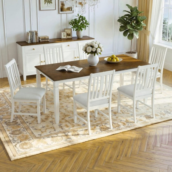 English Elm 7-Piece Farmhouse Extendable Dining Set with Oak Veneer Table and Upholstered Chairs Brown + Beige N752S600058D