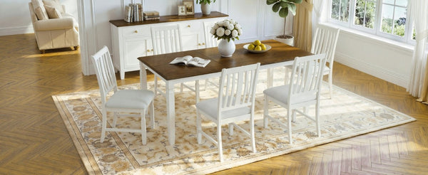 English Elm 7-Piece Farmhouse Extendable Dining Set with Oak Veneer Table and Upholstered Chairs Brown + Beige N752S600058D