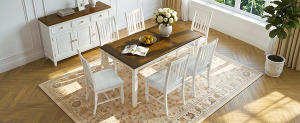 English Elm 7-Piece Farmhouse Extendable Dining Set with Oak Veneer Table and Upholstered Chairs Brown + Beige N752S600058D