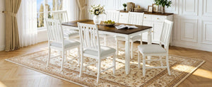 English Elm 7-Piece Farmhouse Extendable Dining Set with Oak Veneer Table and Upholstered Chairs Brown + Beige N752S600058D