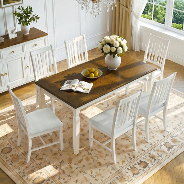 English Elm 7-Piece Farmhouse Extendable Dining Set with Oak Veneer Table and Upholstered Chairs Brown + Beige N752S600058D