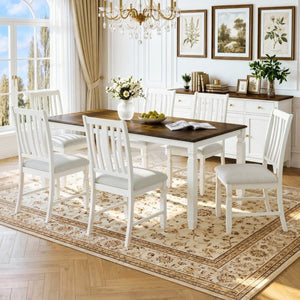 English Elm 7-Piece Farmhouse Extendable Dining Set with Oak Veneer Table and Upholstered Chairs Brown + Beige N752S600058D