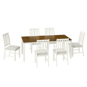 English Elm 7-Piece Farmhouse Extendable Dining Set with Oak Veneer Table and Upholstered Chairs Brown + Beige N752S600058D