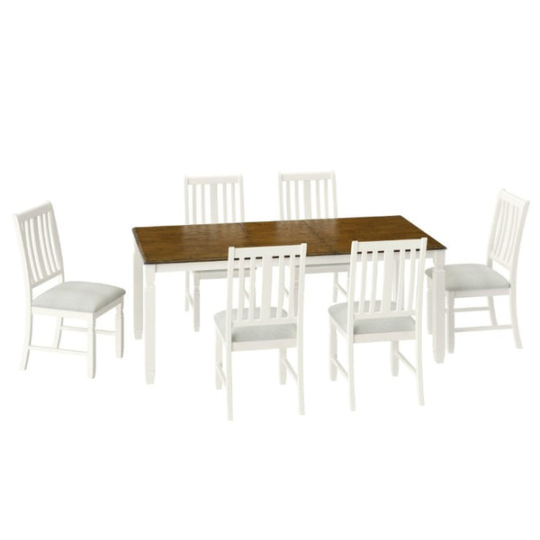 English Elm 7-Piece Farmhouse Extendable Dining Set with Oak Veneer Table and Upholstered Chairs Brown + Beige N752S600058D