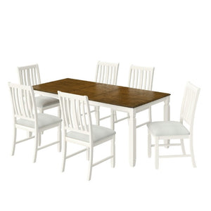 English Elm 7-Piece Farmhouse Extendable Dining Set with Oak Veneer Table and Upholstered Chairs Brown + Beige N752S600058D