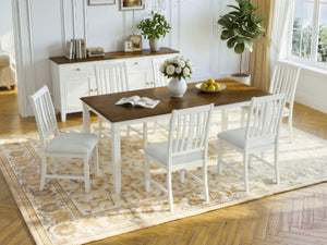 English Elm 7-Piece Farmhouse Extendable Dining Set with Oak Veneer Table and Upholstered Chairs Brown + Beige N752S600058D