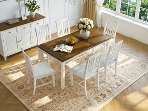 English Elm 7-Piece Farmhouse Extendable Dining Set with Oak Veneer Table and Upholstered Chairs Brown + Beige N752S600058D