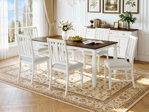 English Elm 7-Piece Farmhouse Extendable Dining Set with Oak Veneer Table and Upholstered Chairs Brown + Beige N752S600058D