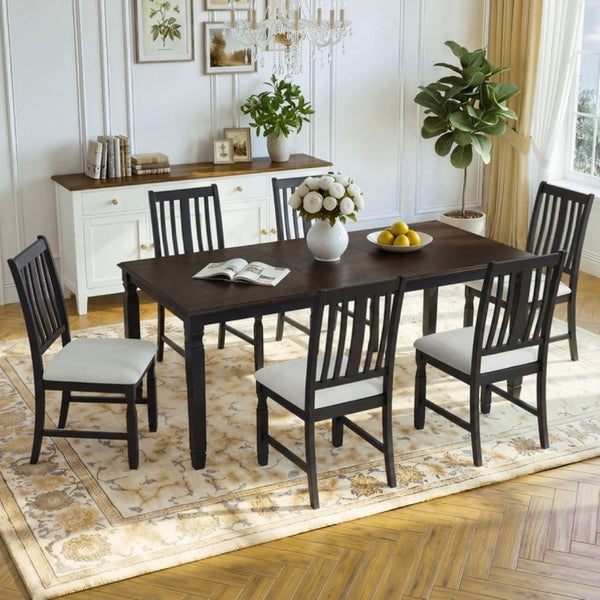 English Elm 7-Piece Farmhouse Extendable Dining Set with Oak Veneer Table and Upholstered Chairs Espresso + Black N752S600058P