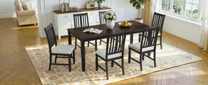 English Elm 7-Piece Farmhouse Extendable Dining Set with Oak Veneer Table and Upholstered Chairs Espresso + Black N752S600058P