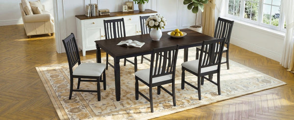 English Elm 7-Piece Farmhouse Extendable Dining Set with Oak Veneer Table and Upholstered Chairs Espresso + Black N752S600058P