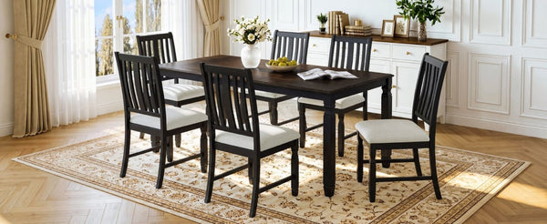 English Elm 7-Piece Farmhouse Extendable Dining Set with Oak Veneer Table and Upholstered Chairs Espresso + Black N752S600058P