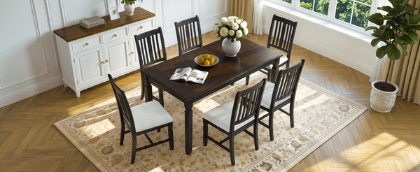 English Elm 7-Piece Farmhouse Extendable Dining Set with Oak Veneer Table and Upholstered Chairs Espresso + Black N752S600058P