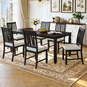 English Elm 7-Piece Farmhouse Extendable Dining Set with Oak Veneer Table and Upholstered Chairs Espresso + Black N752S600058P