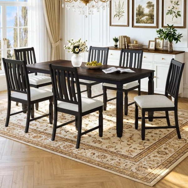 English Elm 7-Piece Farmhouse Extendable Dining Set with Oak Veneer Table and Upholstered Chairs Espresso + Black N752S600058P