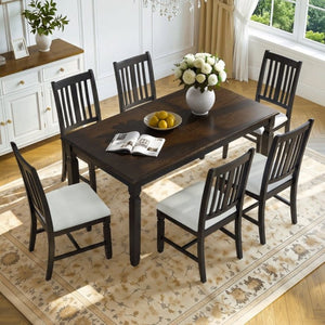 English Elm 7-Piece Farmhouse Extendable Dining Set with Oak Veneer Table and Upholstered Chairs Espresso + Black N752S600058P