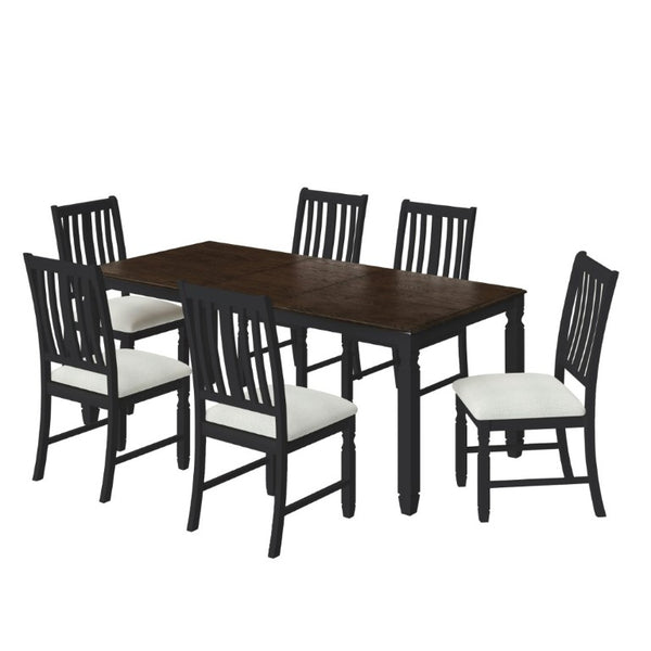 English Elm 7-Piece Farmhouse Extendable Dining Set with Oak Veneer Table and Upholstered Chairs Espresso + Black N752S600058P