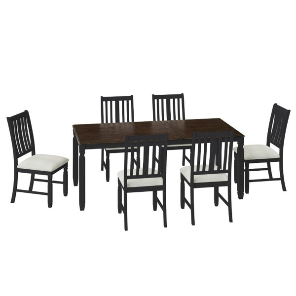 English Elm 7-Piece Farmhouse Extendable Dining Set with Oak Veneer Table and Upholstered Chairs Espresso + Black N752S600058P