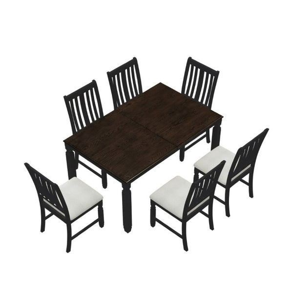 English Elm 7-Piece Farmhouse Extendable Dining Set with Oak Veneer Table and Upholstered Chairs Espresso + Black N752S600058P