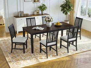 English Elm 7-Piece Farmhouse Extendable Dining Set with Oak Veneer Table and Upholstered Chairs Espresso + Black N752S600058P