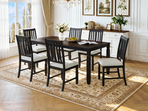 English Elm 7-Piece Farmhouse Extendable Dining Set with Oak Veneer Table and Upholstered Chairs Espresso + Black N752S600058P