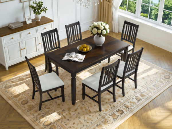 English Elm 7-Piece Farmhouse Extendable Dining Set with Oak Veneer Table and Upholstered Chairs Espresso + Black N752S600058P