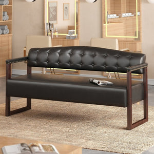 English Elm Salon Reception Bench Tufted PU Leather Mid-Century Seat with Copper Nailhead Trim Black N753P503257B