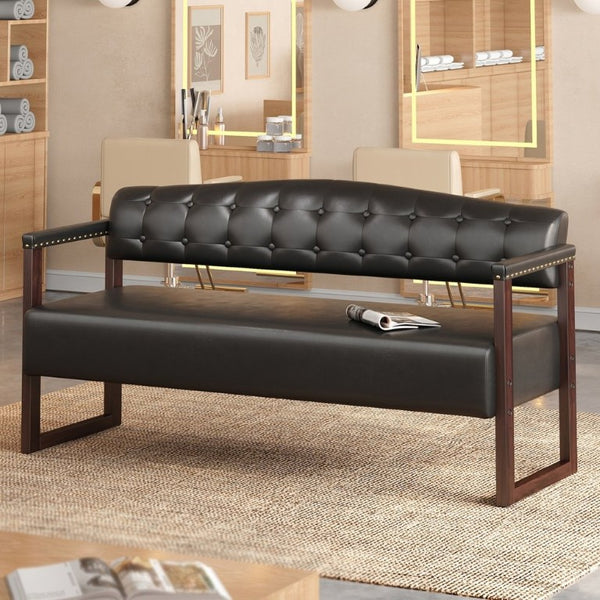English Elm Salon Reception Bench Tufted PU Leather Mid-Century Seat with Copper Nailhead Trim Black N753P503257B