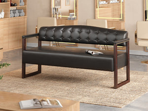 English Elm Salon Reception Bench Tufted PU Leather Mid-Century Seat with Copper Nailhead Trim Black N753P503257B